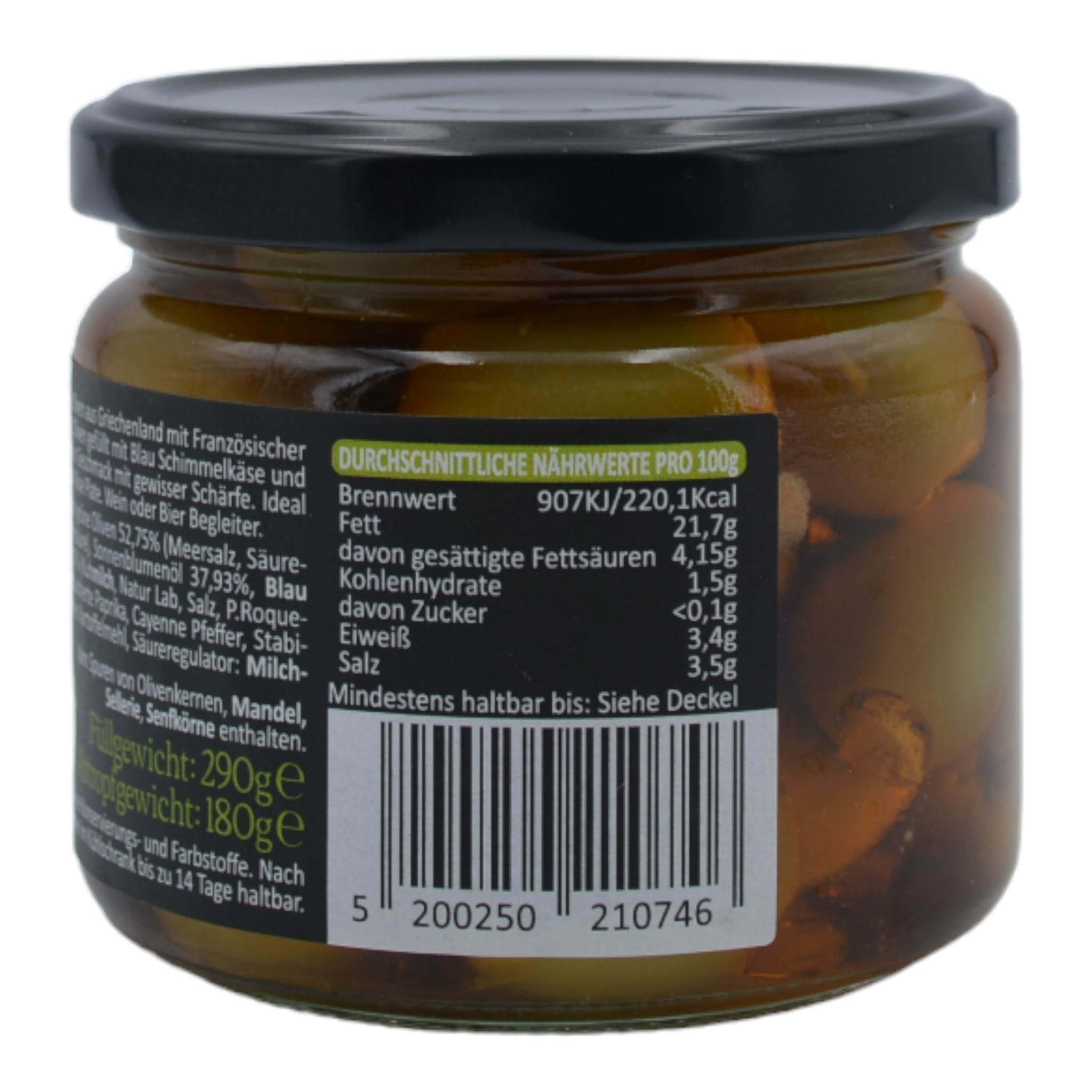 5200250210746 - Athanasio Gourmet Grüne Oliven gefüllt mit pikantem Blue Cheese s1