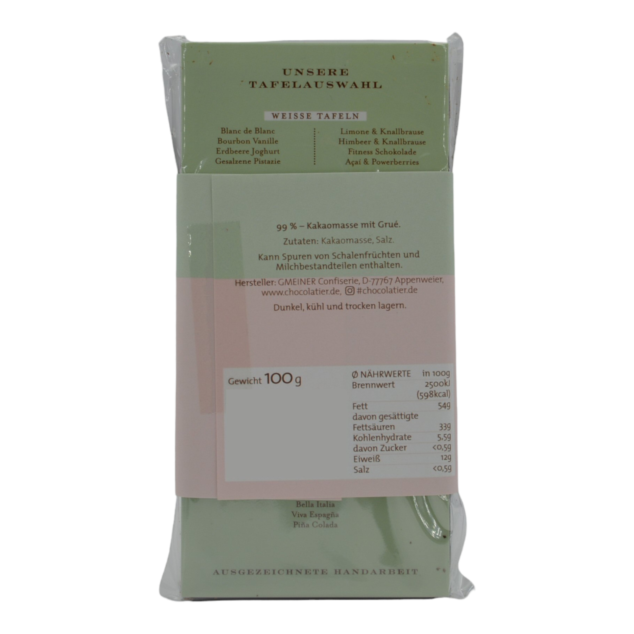 Gmeiner Tafel mit sortenreiner Kakaomasse 99% mit Grué 100g