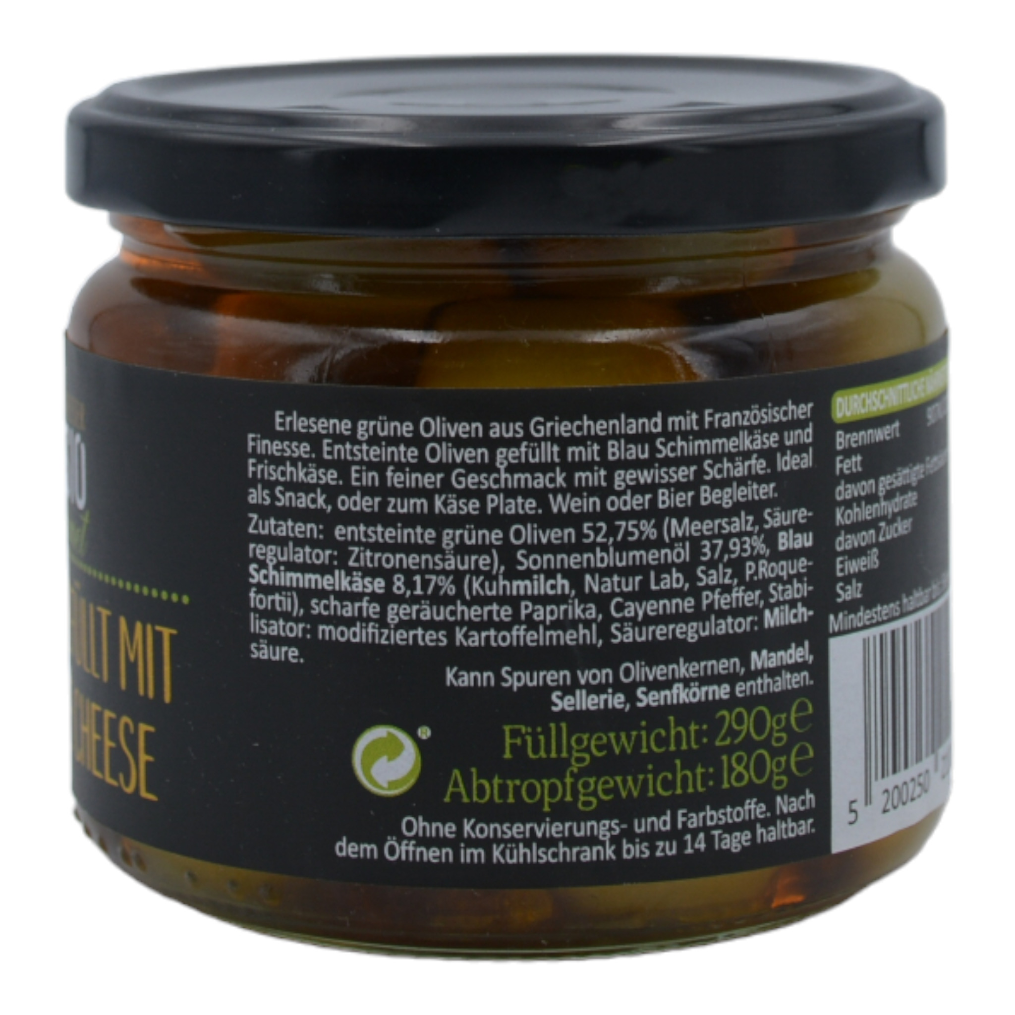 5200250210746 - Athanasio Gourmet Grüne Oliven gefüllt mit pikantem Blue Cheese b