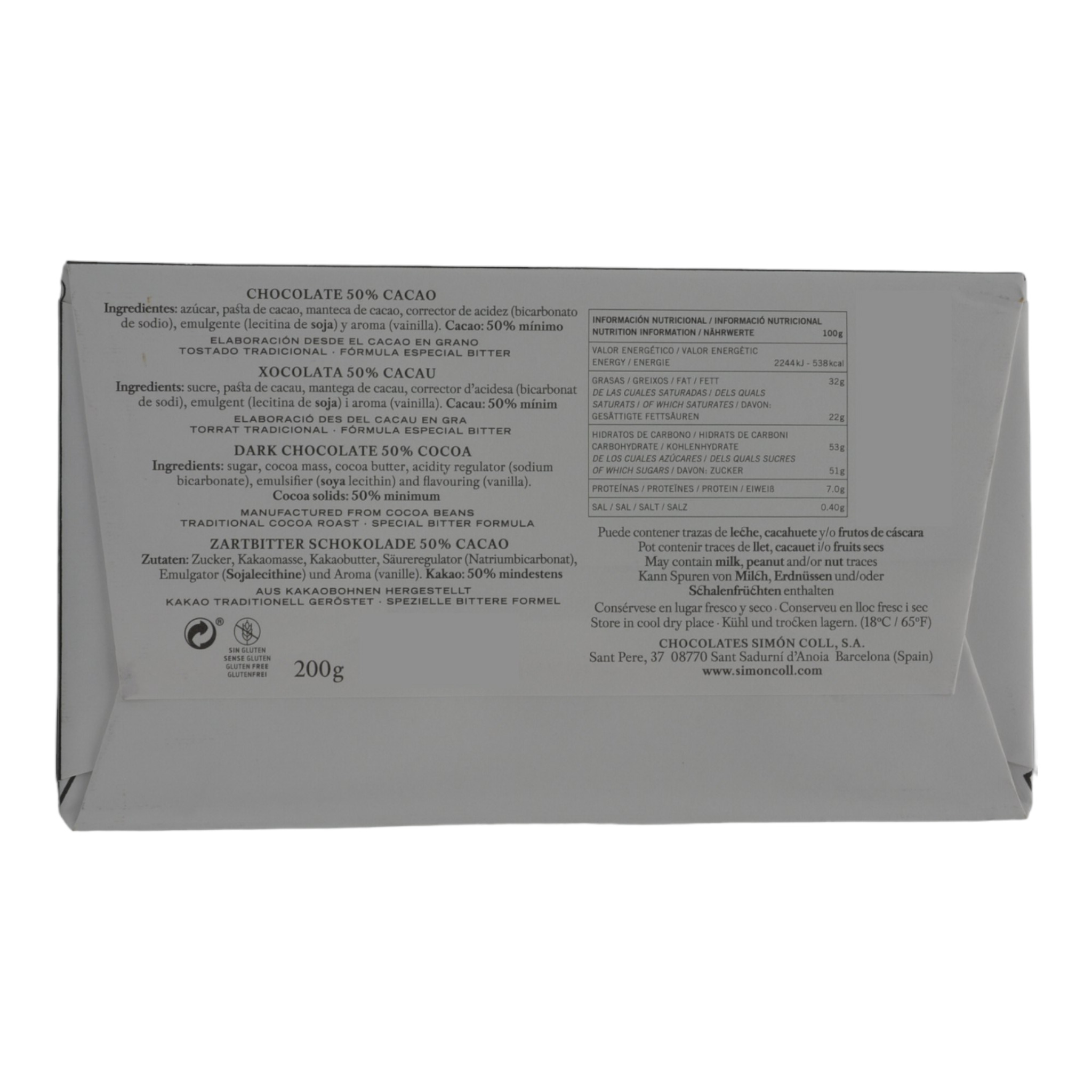 Simon Coll Xocolata 50% Cacao Schokolade 200g