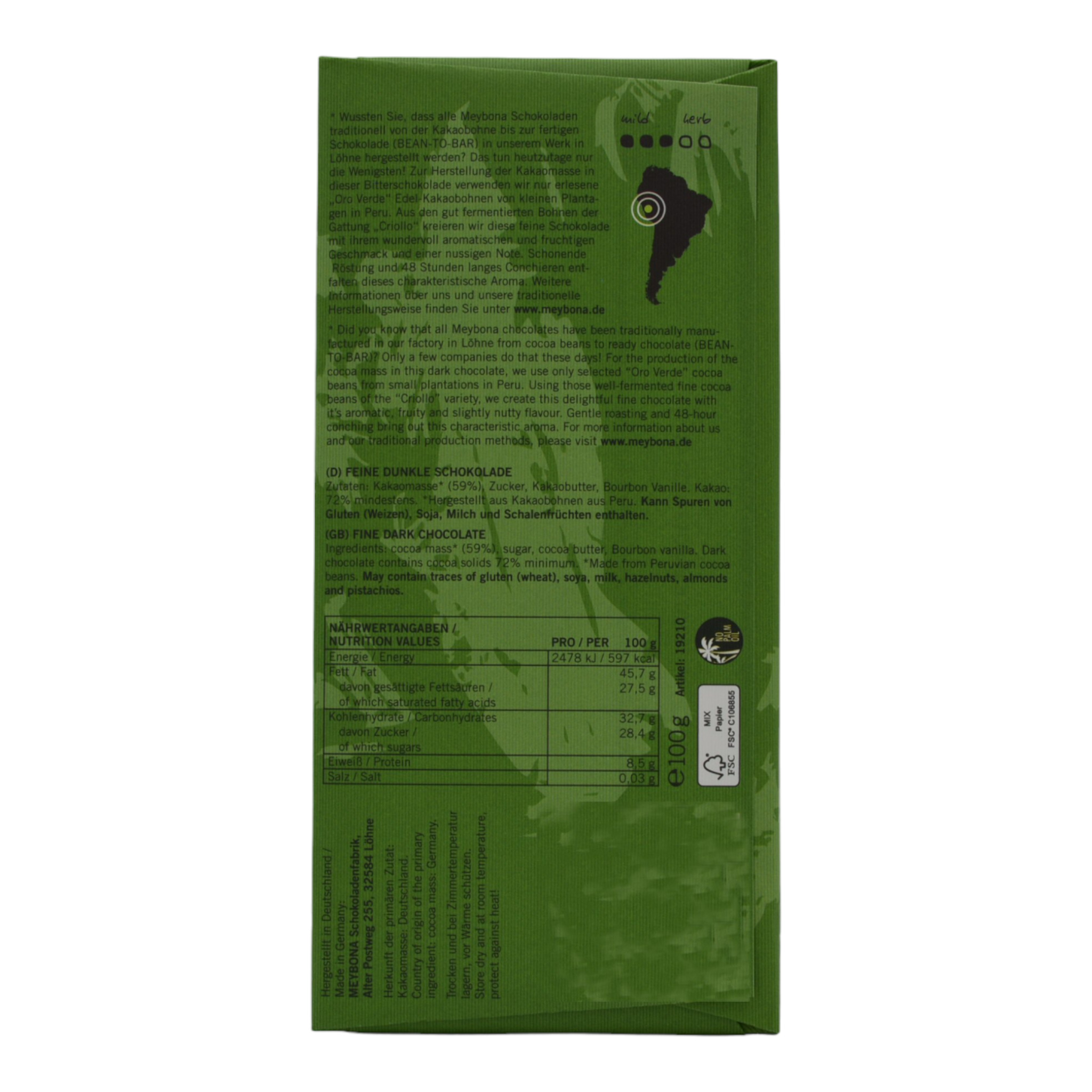 Meybona Peru fine dark chocolate 72% 100g