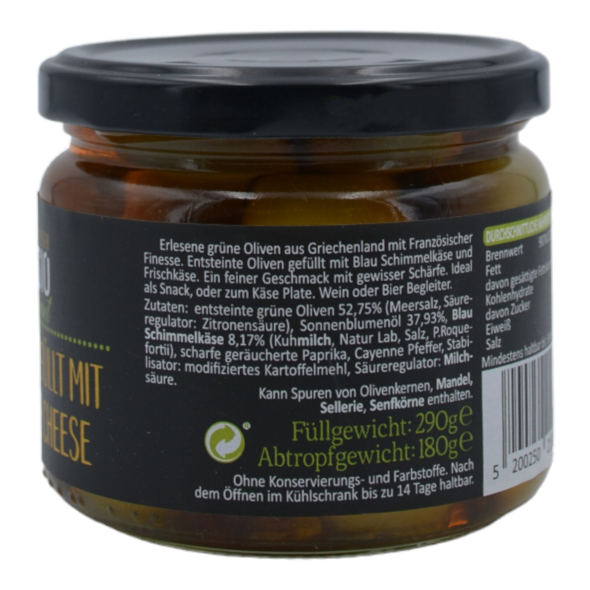 Athanasio Gourmet Grüne Oliven gefüllt mit pikantem Blue Cheese
